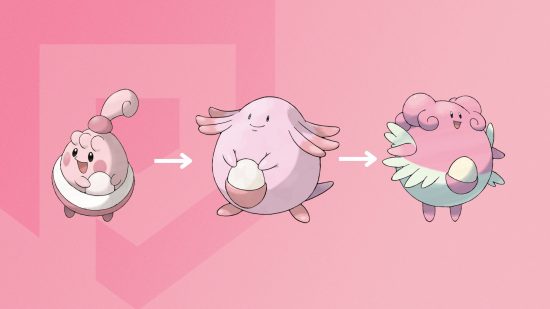 Evolução feliz (1) Evolução Happiny: Os três estágios do Pokémon evolutivo de Happiny em um fundo rosa do Pocket Tactics
