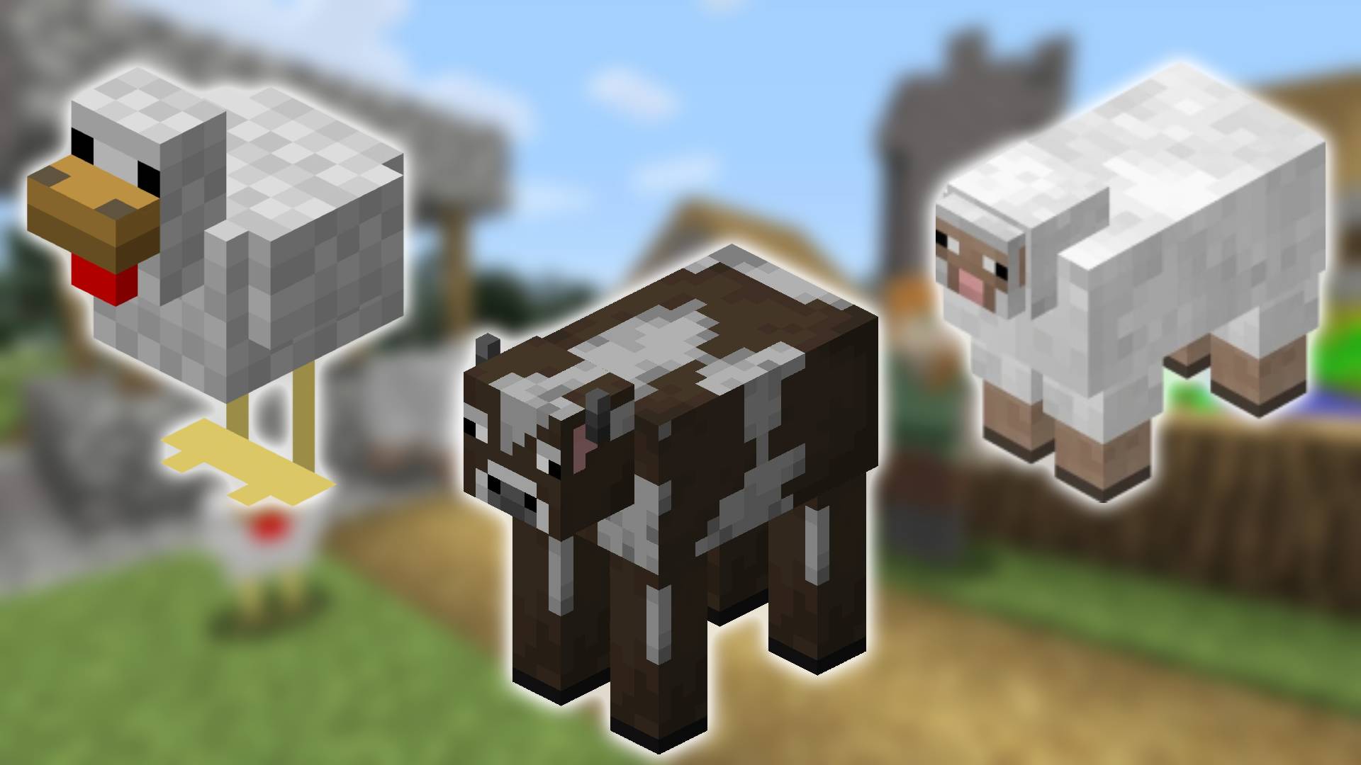 minecraft-mobs Mobs do Minecraft: uma captura de tela do Minecraft está em segundo plano, enquanto o primeiro plano mostra imagens das versões do Minecraft de uma galinha, uma vaca e uma ovelha