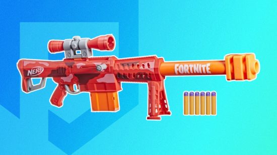armas nerf fortnite 1 Armas Fortnite Nerf: O blaster Fortnite Nerf Heavy SR colado em um fundo azul do Pocket Tactics