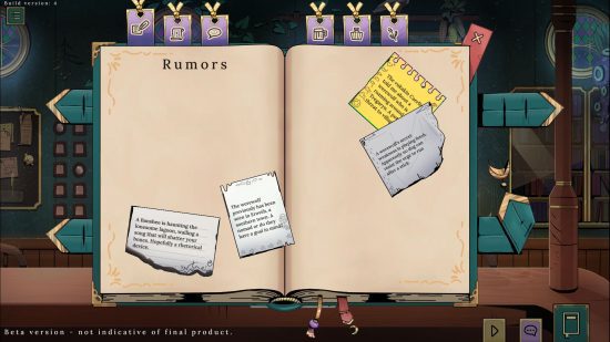 Um caderno no Tavern Talk cheio de pedaços de papel detalhando novos itens de missão