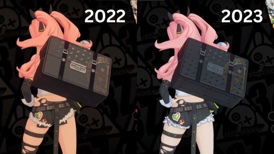 Comparação com Nicole do Zenless Zone Zero Comparação de Nicole do Zenless Zone Zero mostrando o modelo de 2022 e o modelo de 2023 na tela de seleção de personagem