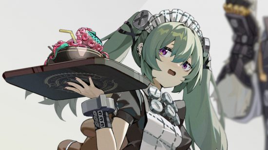 zona zenless zero corin 3 Zenless Zone Zero Corin: Corin parecendo assustado e carregando uma bandeja cheia de algum tipo de sobremesa tentáculo