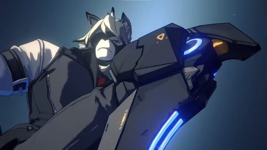 Lycaon do Zenless Zone Zero prestes a esmagar um inimigo com suas pernas robóticas