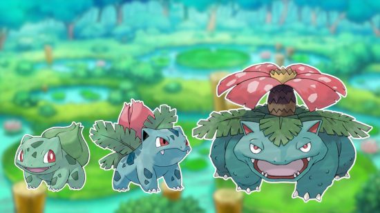 Imagem personalizada de Bublasaur, Ivysaur e Venusaur no fundo de um lago