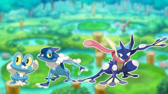 Imagem personalizada de Froakie, Frogadier e Greninja no fundo de um lago para o guia Pokémon sapo