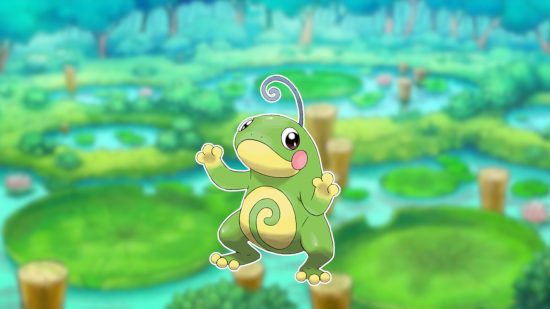 Imagem personalizada de Politoed da linha de evolução Poliwag em um fundo de lagoa
