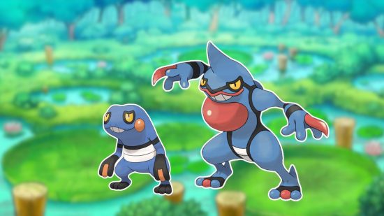 Imagem personalizada de Croagunk e Toxicroak no fundo de um lago para o guia Pokémon sapo