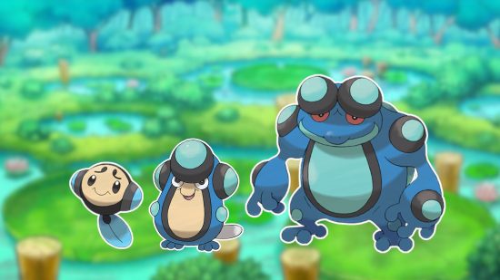 Imagem personalizada de Tympole, Palpitoad e Seismitoad no fundo de um lago para o guia Pokémon sapo