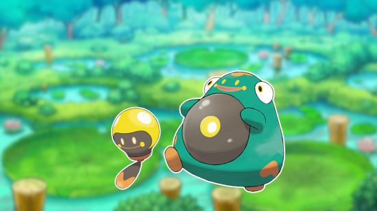 Imagem personalizada de Tadbulb e Bellibolt no fundo de um lago para guia Pokémon