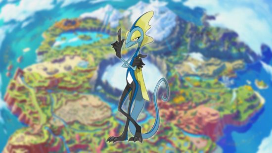 Inteleon, um Pokémon lagarto azul alto, em um mapa de Paldea