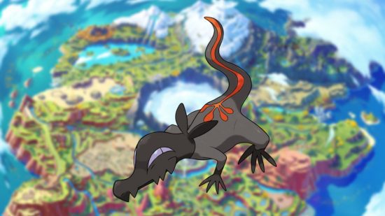 Salandit, um Pokémon lagarto preto e vermelho, em um mapa de Paldea