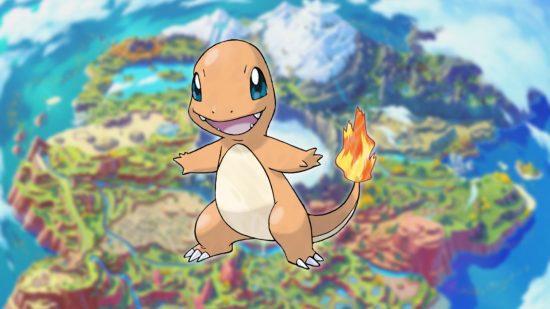 Charmander, um Pokémon lagarto, em um mapa de Paldea