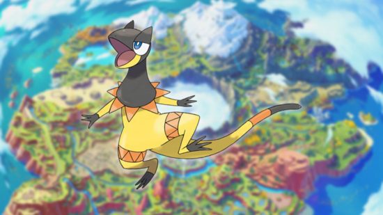 Heliolisk, um Pokémon lagarto, em um mapa de Paldea