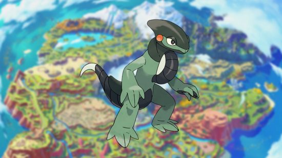 Cyclizar, um Pokémon lagarto, em um mapa de Paldea
