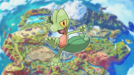 Treecko, um Pokémon lagarto, em um mapa de Paldea