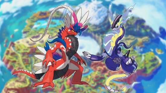 Koraidon e Miraidon, o Pokémon lagarto em um mapa de Paldea