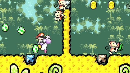 Captura de tela de Yoshi matando macacos na Ilha de Yoshi para a lista dos melhores jogos GBA