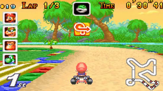 Captura de tela de corrida com Mario em Mario Kart GBA para lista dos melhores jogos GBA