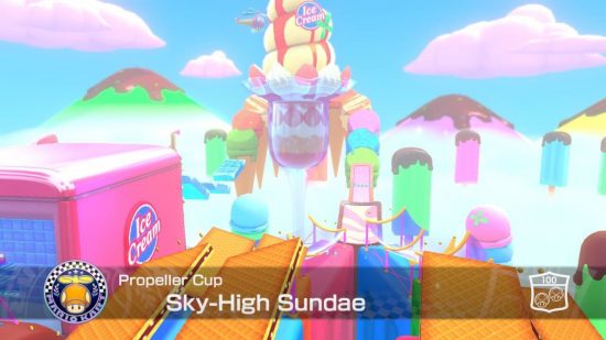 Revisão do Mario Kart 8 Deluxe Booster Course: uma captura de tela da vista de abertura do Sky-High Sundae, um nível com tema de sorvete
