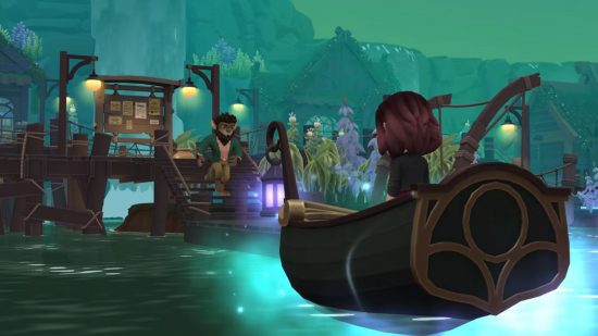 Jogos indie – uma captura de tela de Wylde Flowers, mostrando Tara se aproximando de um lobisomem em um barco