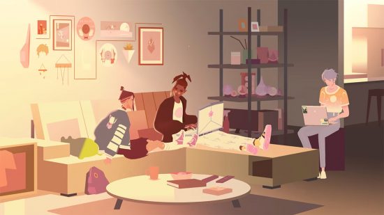 Jogos indie – uma captura de tela de We Are OFK mostrando os personagens sentados em um sofá conversando