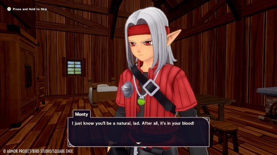 dragon-quest-monstros-the-dark-prince-entrevista-3 Entrevista com Dragon Quest Monsters: The Dark Prince - Psaro parado em uma cabana enquanto Monty diz: 'Só sei que você será natural, rapaz.  Afinal, está no seu sangue!