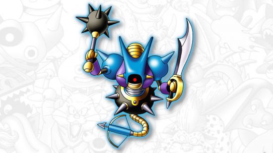 dragon-quest-monstros-the-dark-prince-entrevista-4 Entrevista com Dragon Quest Monsters: The Dark Prince - arte do personagem do monstro OVerkilling Machine na frente de uma colagem de monstros em escala de cinza