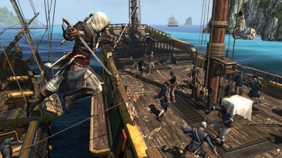 jogos de barco Coleção Assassin's Creed Rebel jogos de barco Assassin's Creed Rebel Collection: um personagem saltando a bordo de outro navio