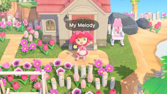 Cartões amiibo de Animal Crossing Sanrio Um personagem usando itens obtidos com cartões amiibo de Animal Crossing Sanrio