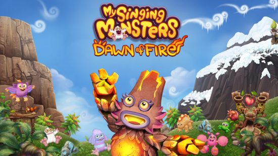 Captura de tela da arte principal de My Singing Monsters Dawn of Fire, com um único monstro vulcânico olhando para o jogador, para o guia de jogos My Singing Monsters