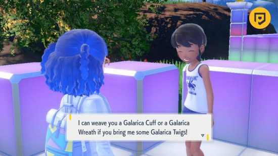 evolução lenta 3 Evolução Slowpoke: uma captura de tela do personagem Pokémon de cabelo azul de Daz conversando com a garota Galarica Twig no Coastal Plaza