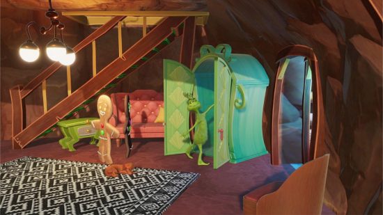 the-grinch-natal-aventuras-jogos-de-férias-1 O Grinch sorrindo e entrando em um armário enquanto Max dorme e os biscoitos procuram por ele