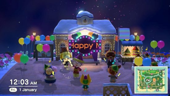 Animal Crossing Natal Alegria 1 Alegria de Natal de Animal Crossing: uma captura de tela de 1º de janeiro de 2021 em ACNH apresentando o personagem do jogador de Daz comemorando com uma cidade cheia de moradores, incluindo Tangy e Isabelle