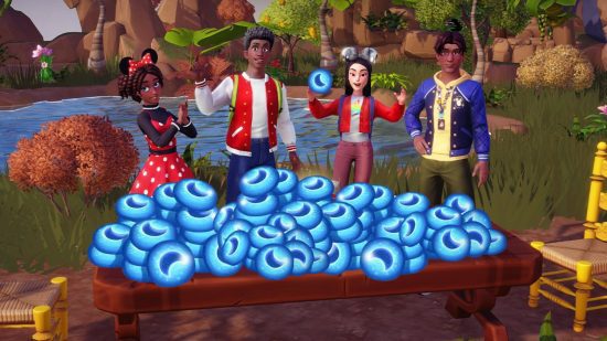 Custo do Vale Disney Dreamlight Custo do Disney Dreamlight Valley: personagens em pé ao lado de uma mesa carregada de pedras da lua