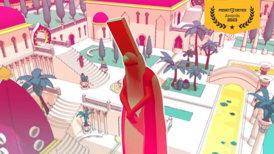 melhores indies de 2023 - Cantos de Sennaar melhores indies de 2023 - Uma pessoa em Chants of Sennaar contra uma imagem do mundo em que se passa