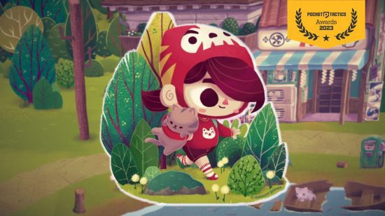 melhores indies de 2023 - Mercado Noturno de Mineko melhores indies de 2023 - Mercado Noturno de Mineko - arte de Mineko segurando um pequeno gato cinza e vestindo vermelho