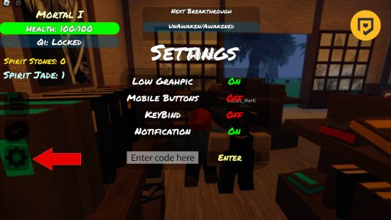 códigos de ascensão celestial 1 Códigos de Ascensão Celestial: Uma captura de tela da tela de resgate de código do jogo mostrando a caixa de código, bem como uma seta vermelha apontando para o botão de configurações, pois é difícil de ver.  O logotipo do PT está no canto superior direito em um círculo de manga.