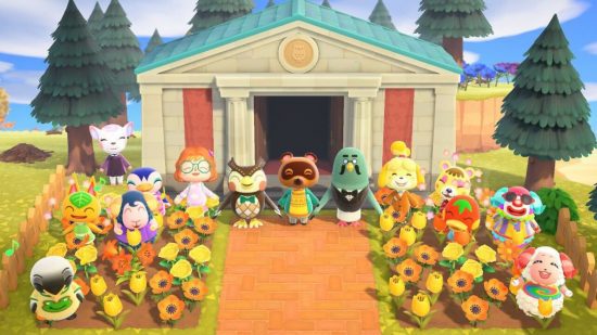 Animal Crossing Natal Alegria 5 Alegria de Natal de Animal Crossing: vários aldeões, Blathers, Tom Nook, Brewster, Isabelle e o personagem do jogador de Daz, parados do lado de fora do museu e sorrindo quando a cafeteria acabou de abrir.  O caminho do museu é ladeado por canteiros de flores laranja e amarelas