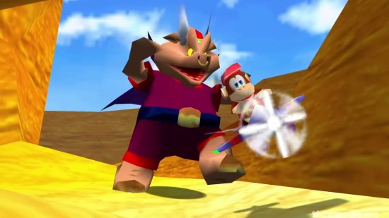 reino-corações-diddy-kong-corrida-influência-wizpig Captura de tela do Diddy Kong Racing mostrando Wizpig perseguindo Diddy Kong, que está pilotando um avião.