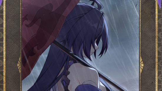 honkai star rail acheron 1 Honkai Star Rail Acheron: cartão de convite Charmony de Acheron apresentando ela de costas para a câmera, segurando um guarda-chuva vermelho na chuva