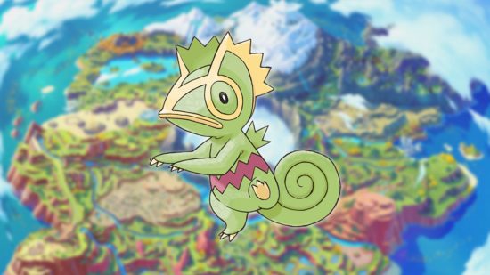 Kecleon, o camaleão, um Pokémon lagarto, em um mapa de Paldea