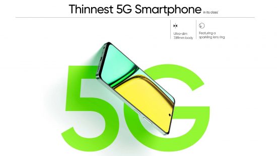 Captura de tela de imagens de imprensa do Realme C67 5G detalhando o quão fino o telefone é