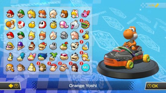 Análise do curso Mario Kart 8 Deluxe Booster: A tela de seleção de personagens mostrando a seleção completa de personagens incluídos no jogo e DLC.  Eu escolhi Orange Yoshi