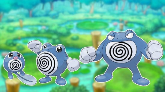 Imagem personalizada de Poliwag, Politwhirl e Poliwrath no fundo de um lago
