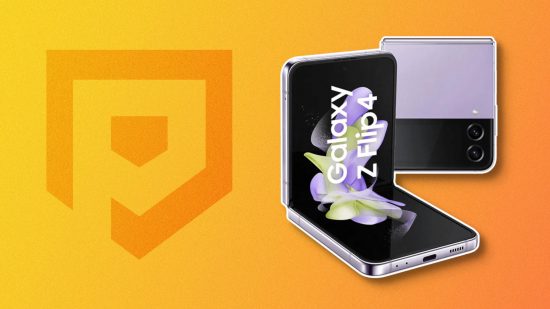 melhores telefones flip flip4 Os melhores telefones flip – um Samsung Galaxy Flip4 contra um fundo amarelo