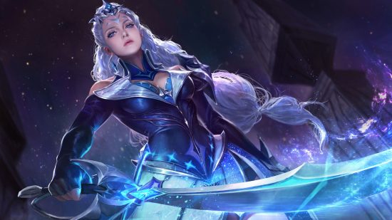 Personagens de Honor of Kings: arte da personagem de Luna mostrando ela empunhando uma espada brilhante