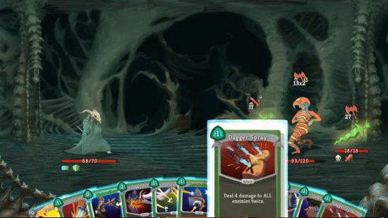 Melhores jogos roguelike: uma captura de tela de Slay The Spire mostra um baralho de cartas em primeiro plano e uma batalha de RPG em segundo plano