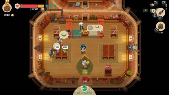 Melhores jogos roguelike: uma captura de tela de Moonlighter mostra um personagem de RPG administrando uma pequena loja pixelada