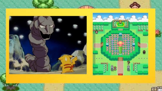 IMAGEM 3 Batalhas de ginásio Lego Pokémon Pokémon Lego – um Onix e um Pikachu em uma briga no interior de um florido ginásio Pokémon