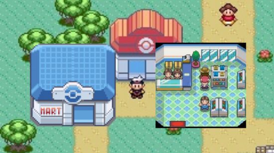 IMAGEM 2 Lego Pokémon Pokemart Pokémon Lego - o interior e exterior do Pokémart contra um fundo pixelizado